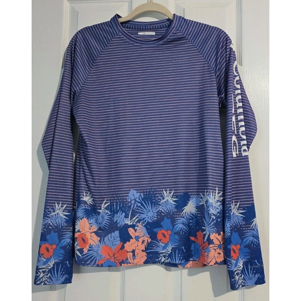 Columbia PFG  Fishing  T-Shirt Women's  M Blue/ Pink Striped Floral  Long Sleeve